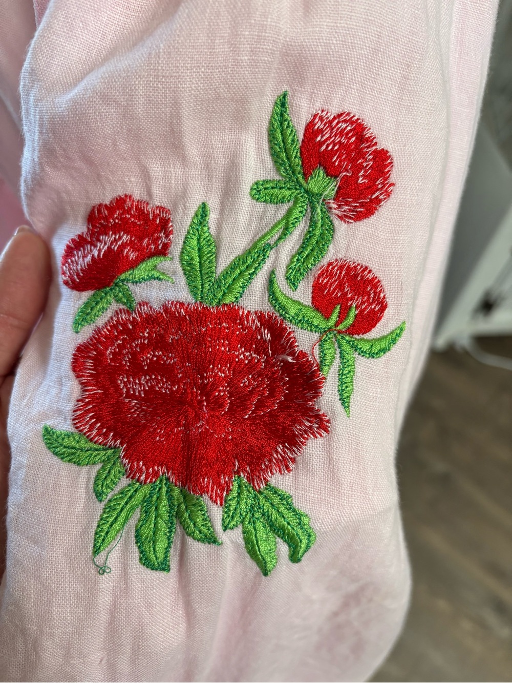 Fanm Mon Linen Dress - Button-Front with Red Rose Embroidery - Picture 6 of 6